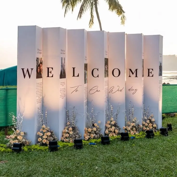 Panneaux de bienvenue de mariage imprimés et installés en extérieur - Kora Branding, Kigali